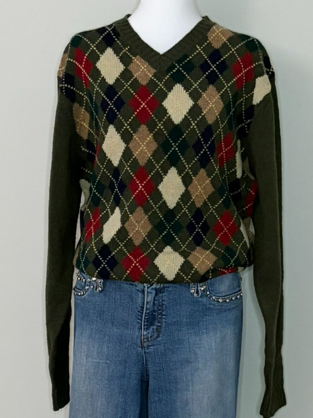 Vintage GAP 100% Shetland Wool Argyle Sweater Men's M Unisex Oversized V Neck